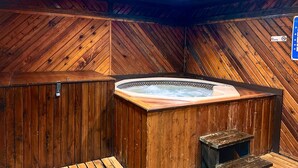A wooden sauna with a hot tub, wooden steps, and a 'No Smoking' sign. - Mountain Views, 3BR, HotTub & Ski Access (Crested Butte)