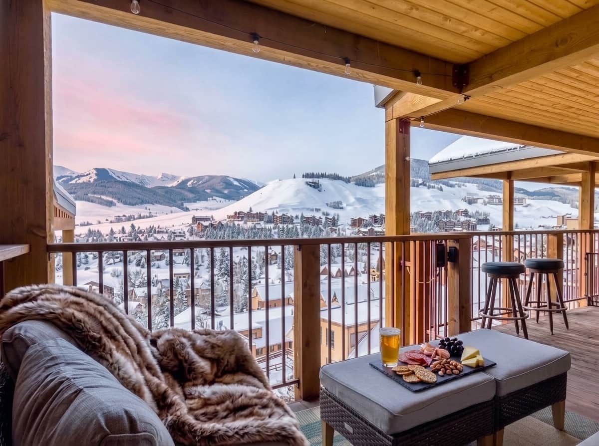 Un balcon offrant une vue sur un paysage montagneux enneigé, un plafond en bois et une table avec des collations et un verre de bière.