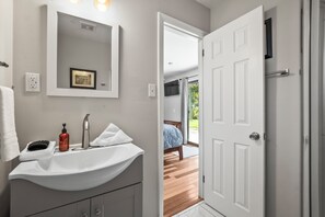 Hair dryer, towels, soap, toilet paper