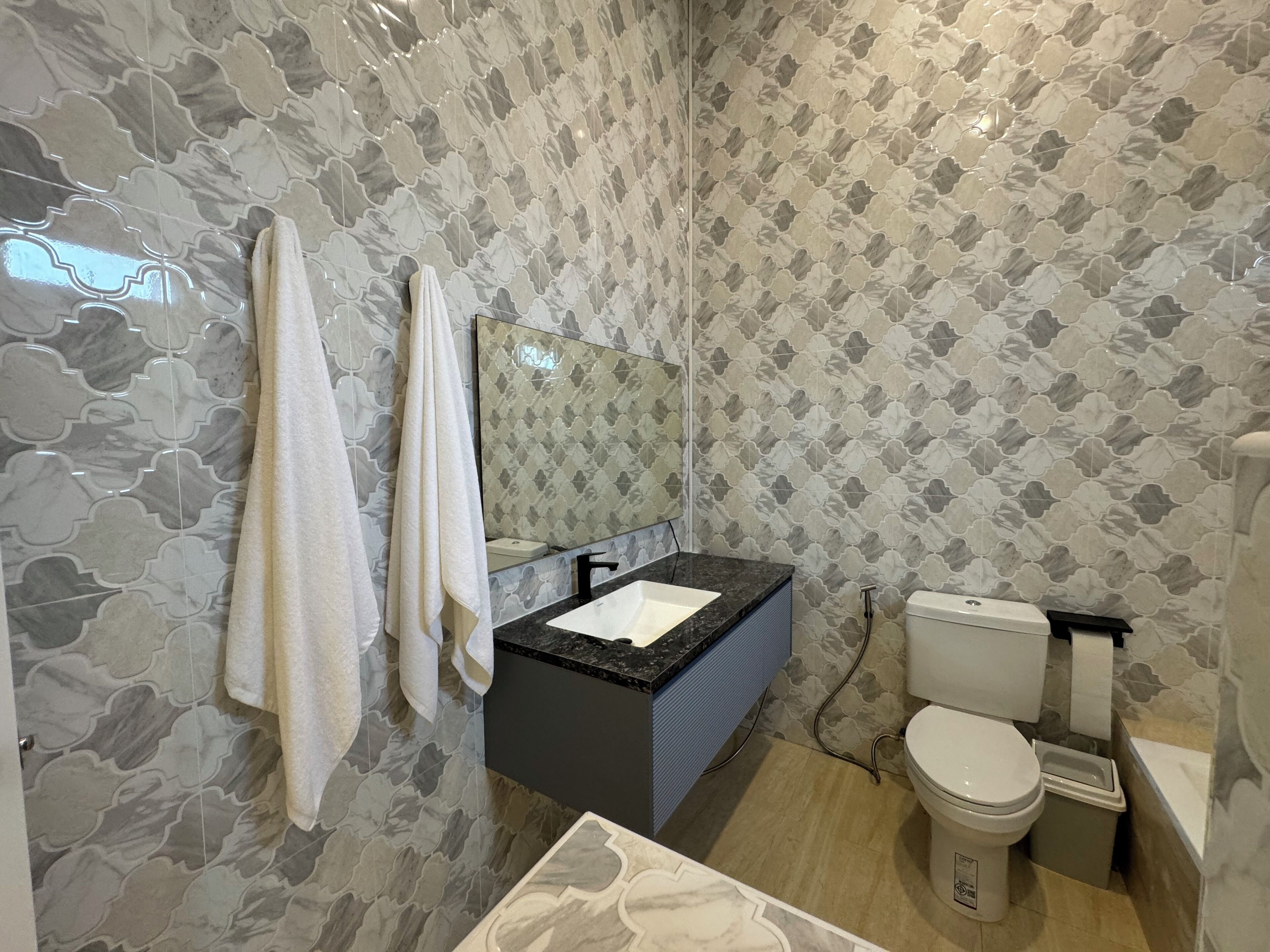 Hair dryer, towels, soap, toilet paper