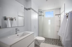 A modern bathroom with a glass-enclosed shower, a large mirror, and a white sink. - Horizon Bleu (Trois-Ilets)
