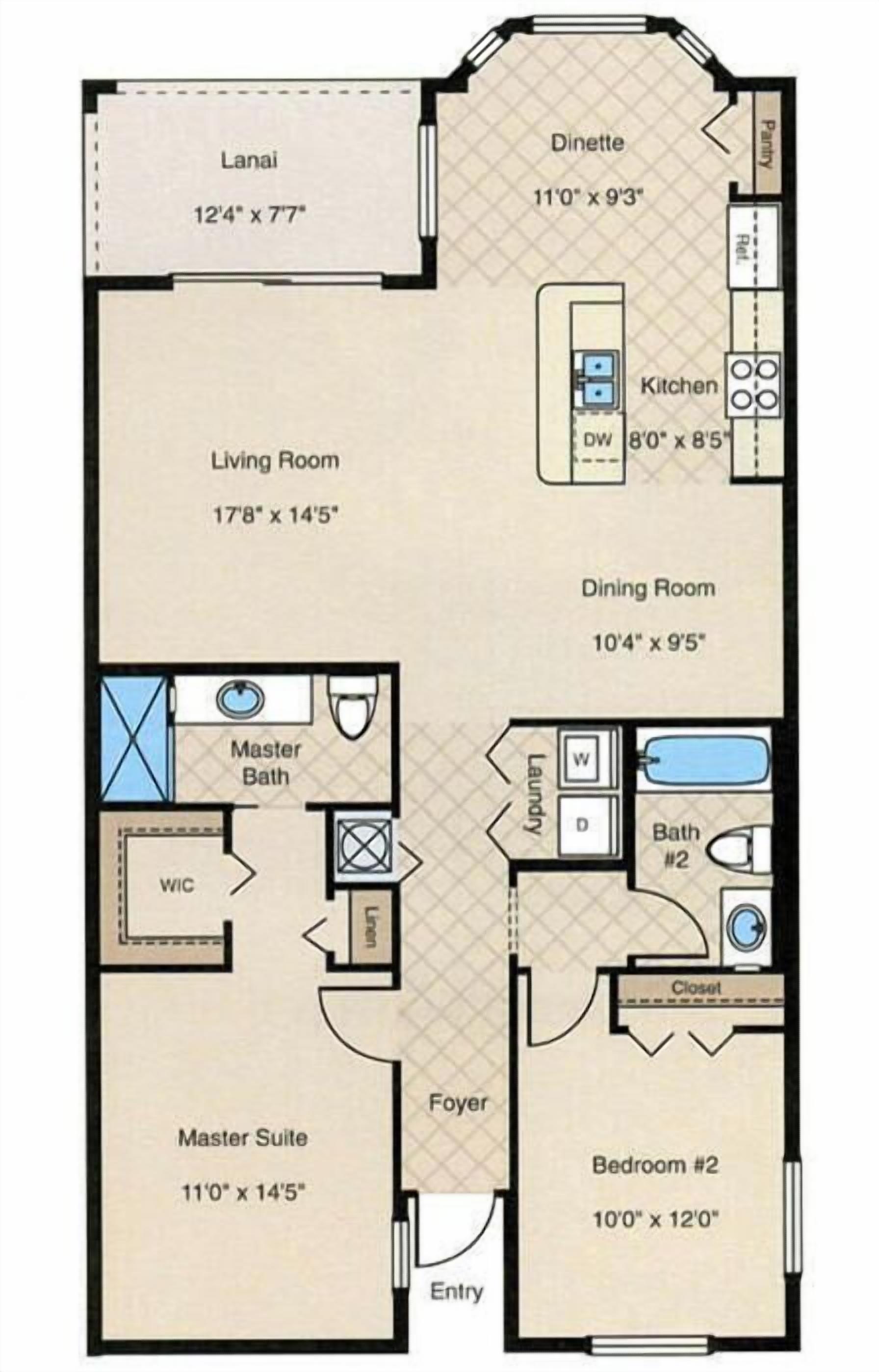 Ein Grundriss mit Veranda, Esszimmer, Hauptschlafzimmer, Badezimmer en Suite und zwei Schlafzimmern.