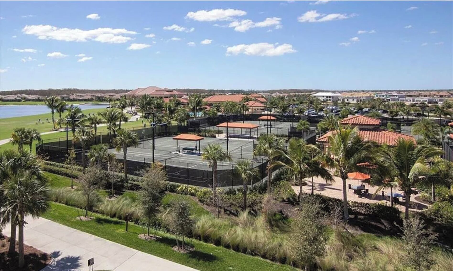 A tennis court complex with multiple courts, surrounded by palm trees and a view of a lake and distant hills.