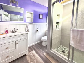 Shower, towels, toilet paper