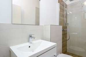 Bathroom features a sink, handheld showerhead, and a shower area with a glass door.
