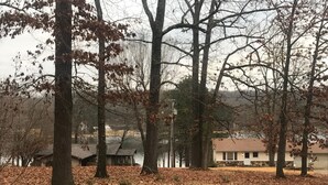 A residential area with houses, trees, and a body of water in the background.