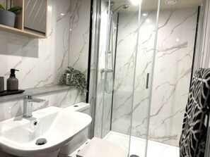 Hair dryer, towels, soap, toilet paper