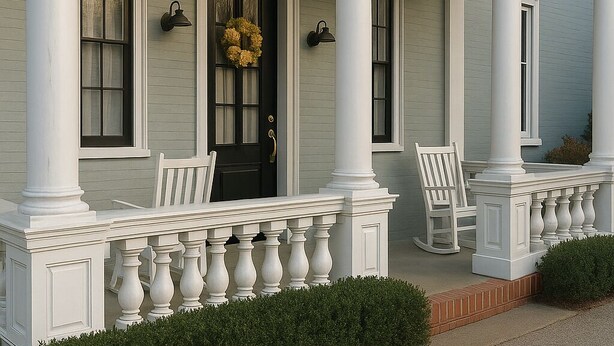 A house with a porch supported by white columns, a black door with a wreath, and two white rocking chairs.
