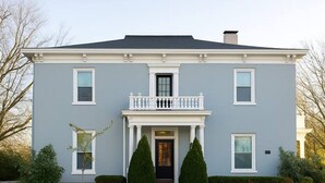 A two-story house with a front porch, a central door, and a symmetrical window arrangement.