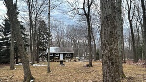 Une cabane entourée d’arbres, dotée d’une terrasse en bois et d’un petit porche.