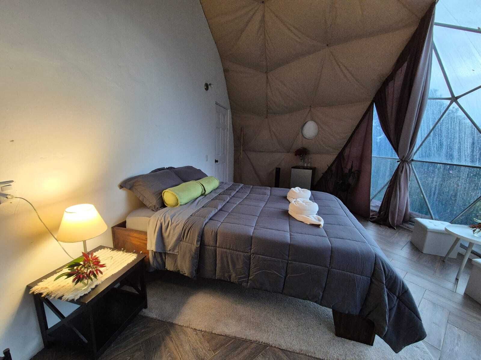 Une chambre confortable avec un lit, une table de chevet avec une lampe et une vue dégagée sur l’extérieur grâce à une grande fenêtre.