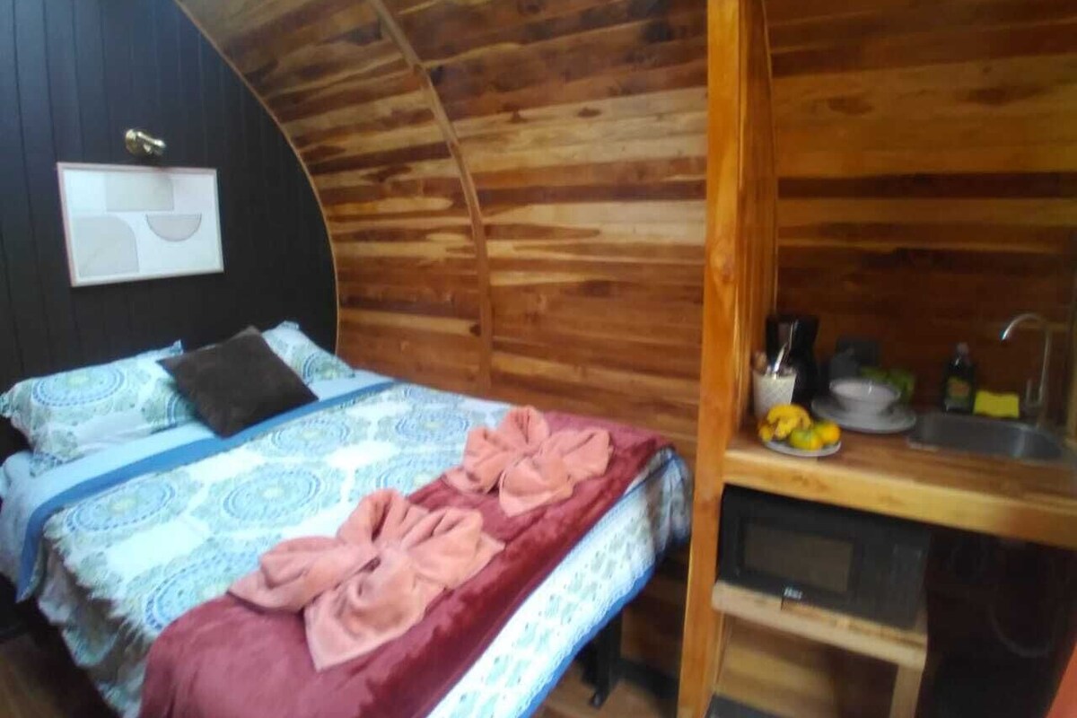 A cabin-style room with a wooden ceiling, a bed with patterned bedding, a wooden desk with a sink and kitchen items, and a wall-mounted light fixture.