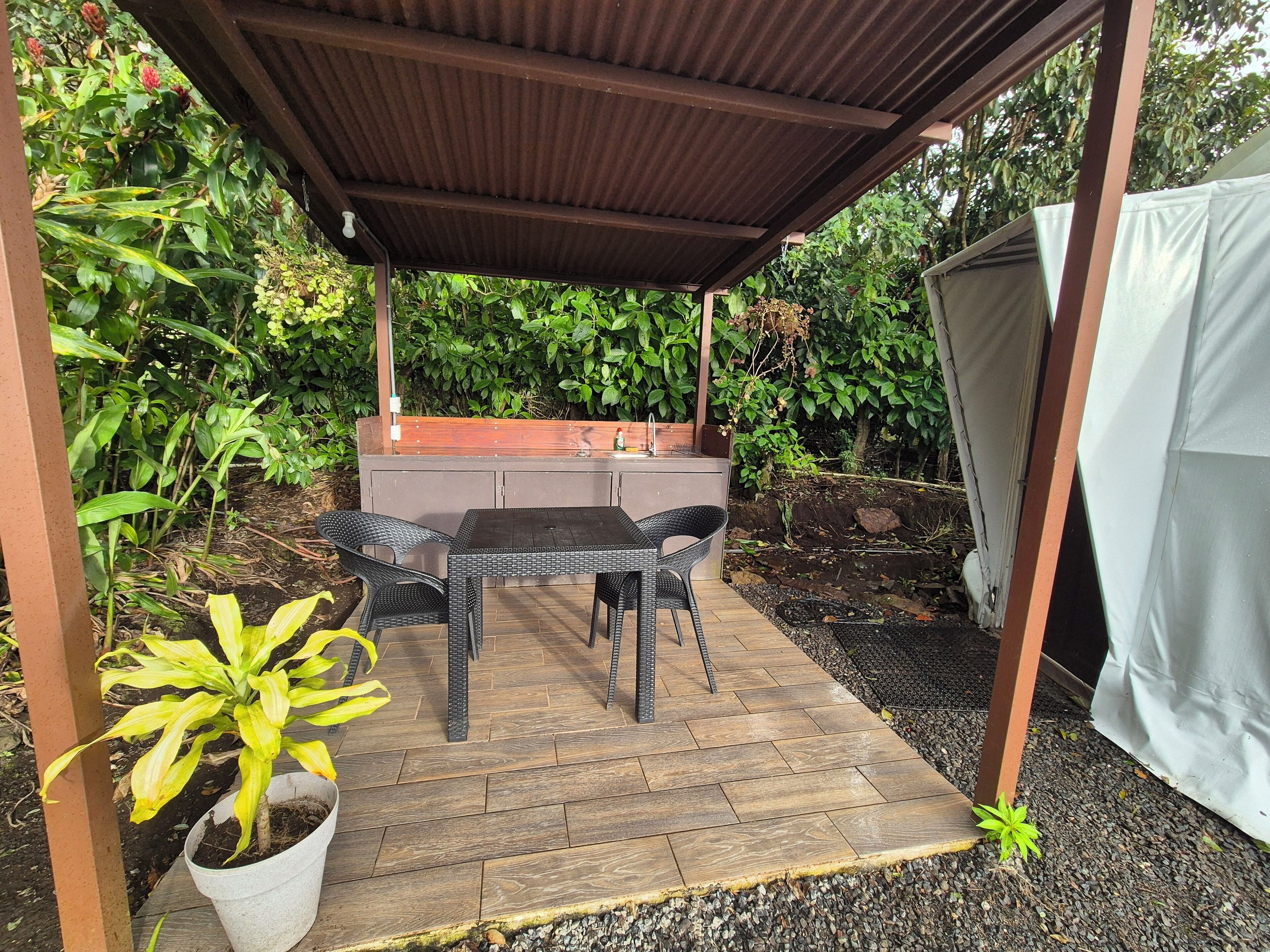 An outdoor patio with a covered seating area, a built-in sink, and surrounding greenery.