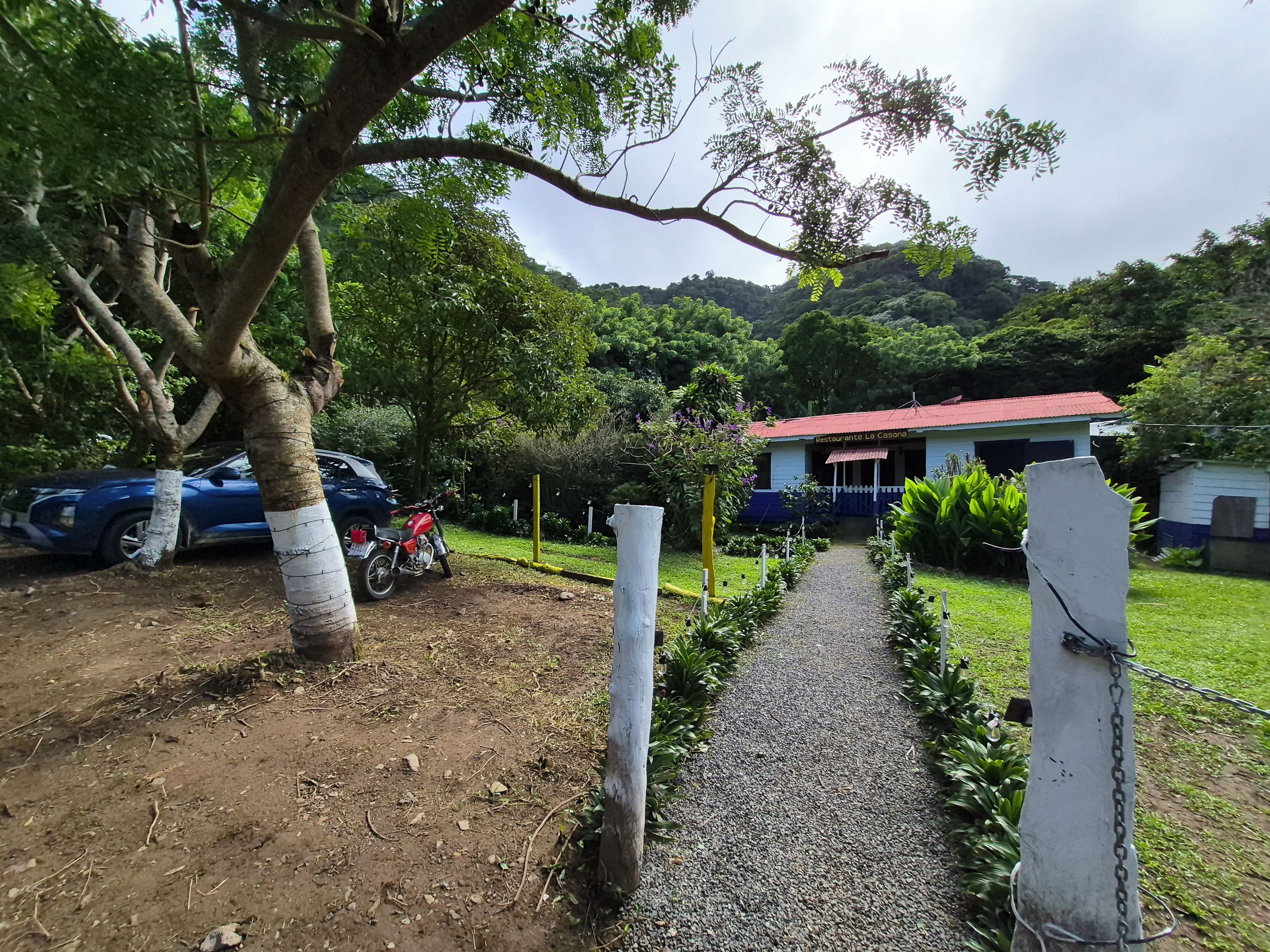 A gravel path leading to a building with a red roof, surrounded by greenery and trees.