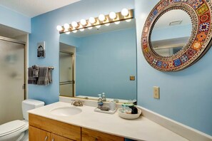 Hair dryer, bidet, towels, soap