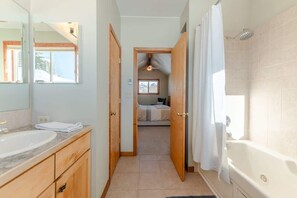 Shower, hair dryer, shampoo