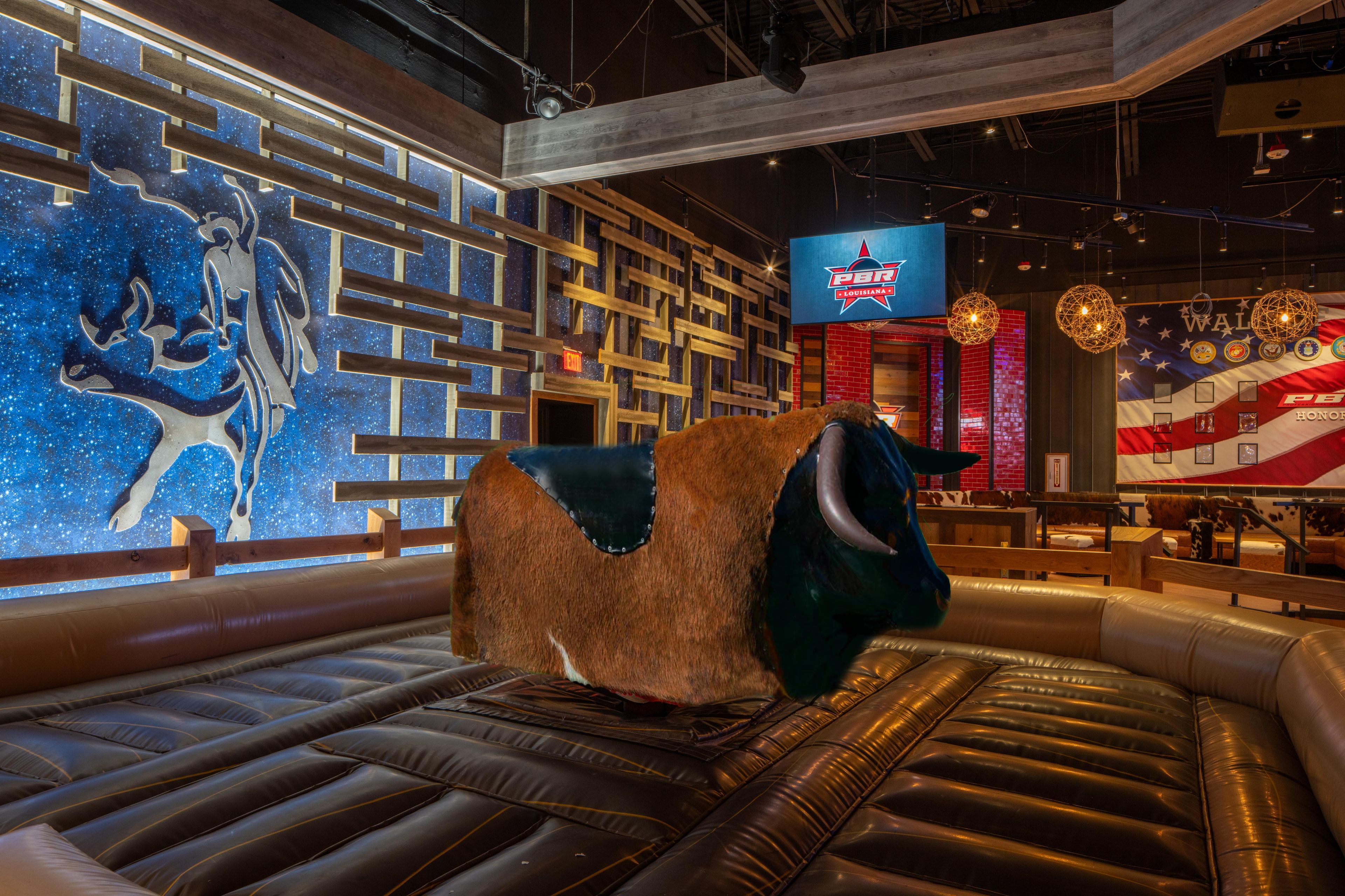 A modern interior with a starry wall design, a large American flag, and a unique animal-shaped couch.