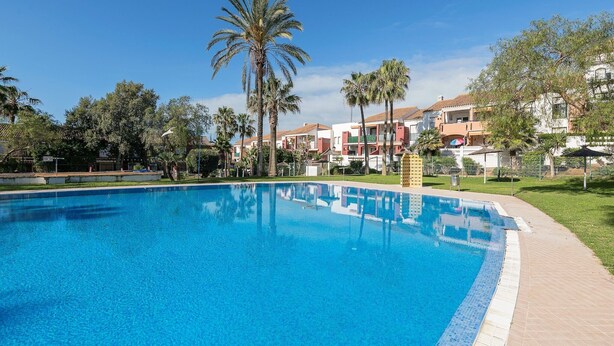 A swimming pool with a tiled edge, surrounded by palm trees and buildings with red and white facades.