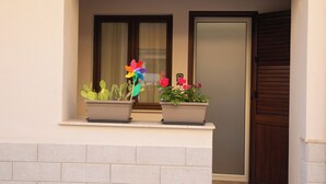 Un balcón con cactus y flores en macetas, una puerta y una ventana con cortinas.