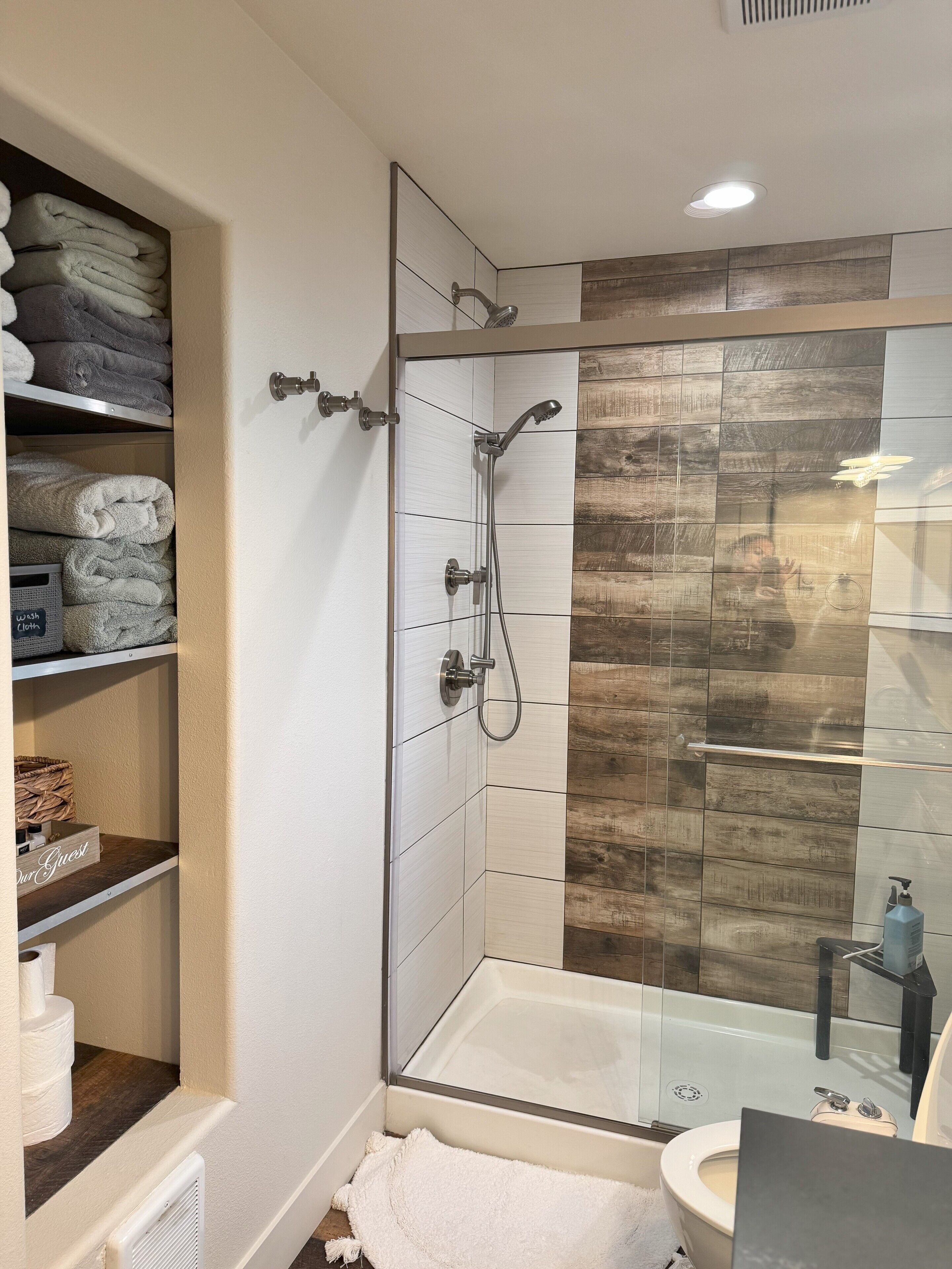 Shower, jetted tub, hair dryer, bidet