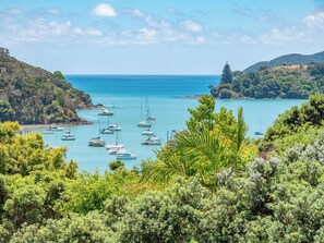 A coastal landscape with multiple boats anchored in calm waters, surrounded by lush greenery and hills.