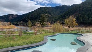 Une piscine à bord incurvé, entourée d’une pelouse et d’arbres, avec des montagnes en arrière-plan.