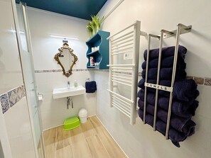 Chuveiro, secador de cabelo, toalhas de banho, sabonete