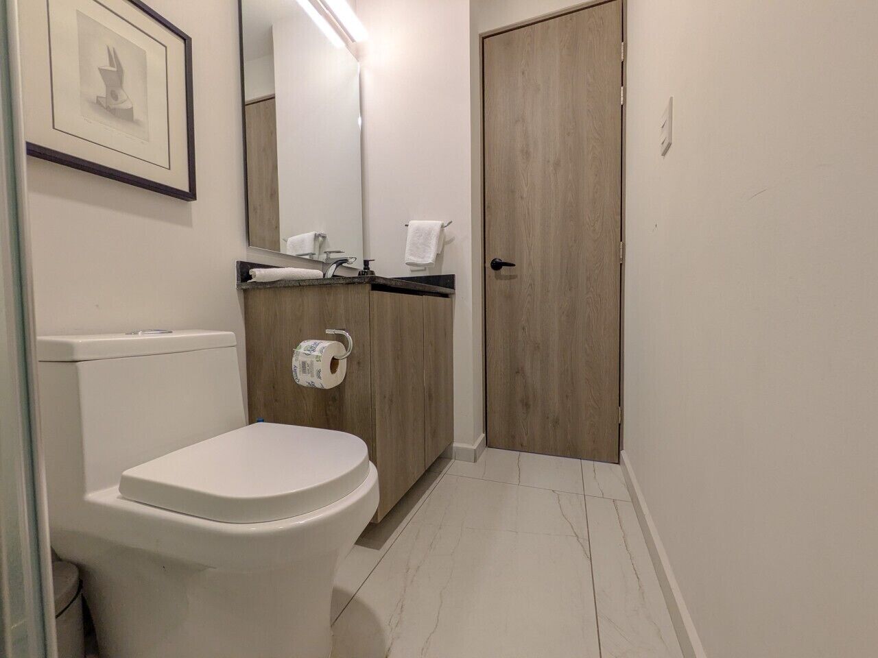 Un bagno con il water, uno specchio, un portasciugamani e una porta in legno.