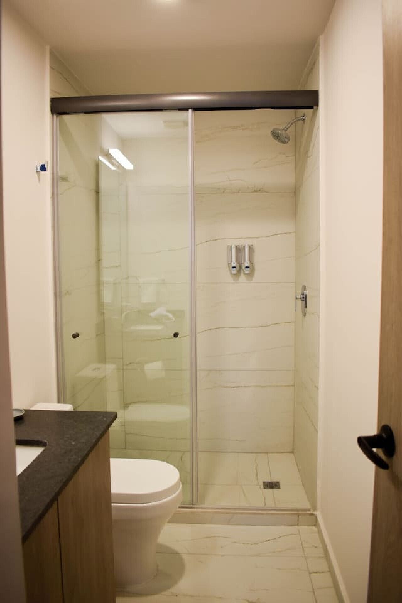 A small bathroom with a glass-enclosed shower, a toilet, and a sink.