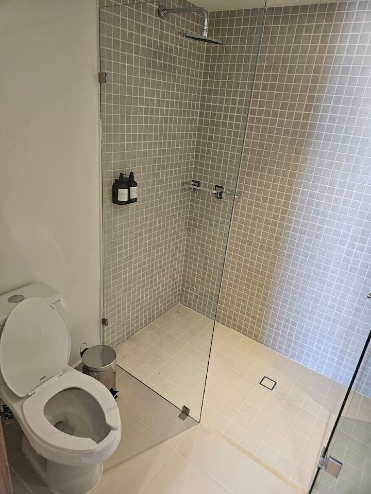 Ett badrum med en dusch som är avskärmad med glasväggar, en toalett och ett handfat.