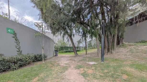 A paved pathway leading to a building entrance, flanked by a low wall with a green directional sign, and a tree-lined area with a metal pole.