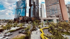 Zona urbana moderna con edificios altos, una estructura de vidrio curva y un paseo peatonal con jardines amarillos.