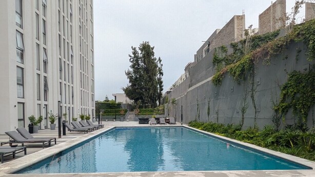 A rectangular swimming pool with lounge chairs and a tall tree in the background.
