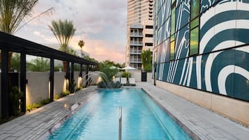 Outdoor pool, pool umbrellas, pool loungers