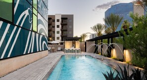 Outdoor pool, pool umbrellas, sun loungers