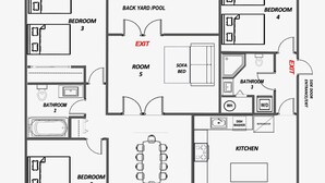 A property layout with a master bedroom, two standard bedrooms, a living room, a kitchen, a bathroom, a dining area, and a back yard/ pool. - Great Location Heated Pool near Hollywood Beach (Hollywood)