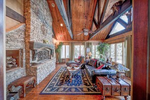 Smart TV, fireplace, books, stereo