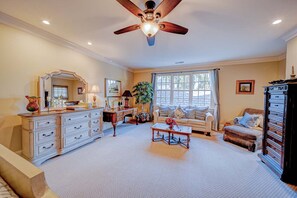 Smart TV, fireplace, books, stereo
