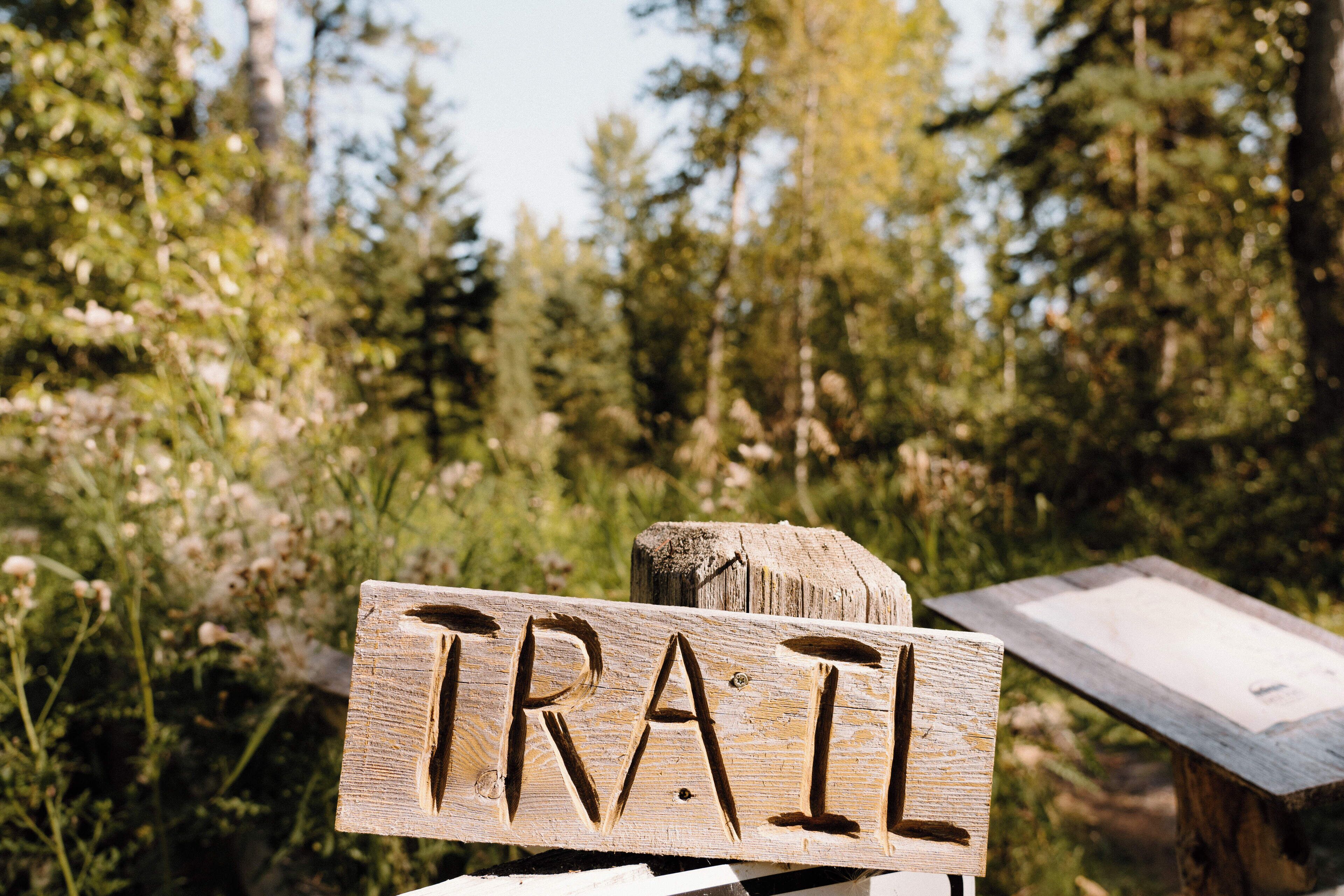 Un letrero de madera con la palabra 'TRAIL' grabada, frente a un fondo de árboles y follaje.