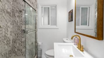 Hair dryer, towels, soap, toilet paper