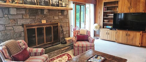 Smart TV, fireplace, books