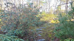 A stone pathway through a garden with various plants and trees. - Mountain View Chalet in Boone -10 min. to ASU & Downtown; Pet-Friendly (Boone)