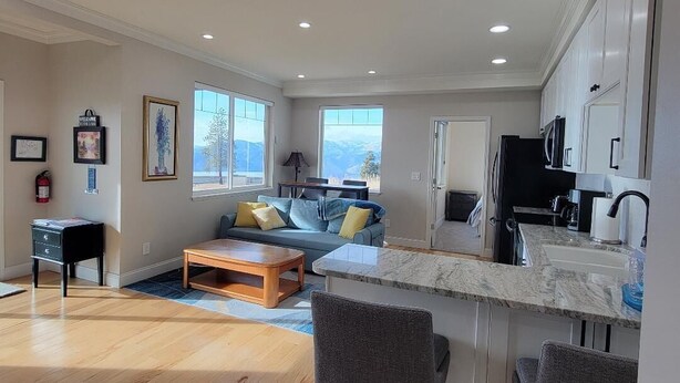 A spacious living area with a sofa, coffee table, and a kitchen with a marble countertop and bar stools.