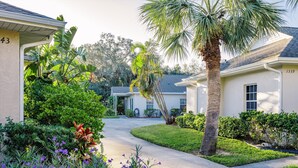 Una calle residencial con dos casas, una palmera y un jardín cuidado con flores moradas.
