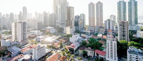 A cityscape with high-rise buildings, streets, and a mix of commercial and residential structures.