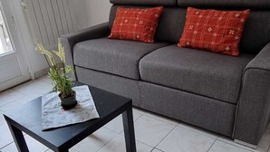 Een moderne woonkamer met een grijze bank, twee rode kussens met een patroon, een zwarte salontafel met een plant in pot, en een radiator aan de muur.