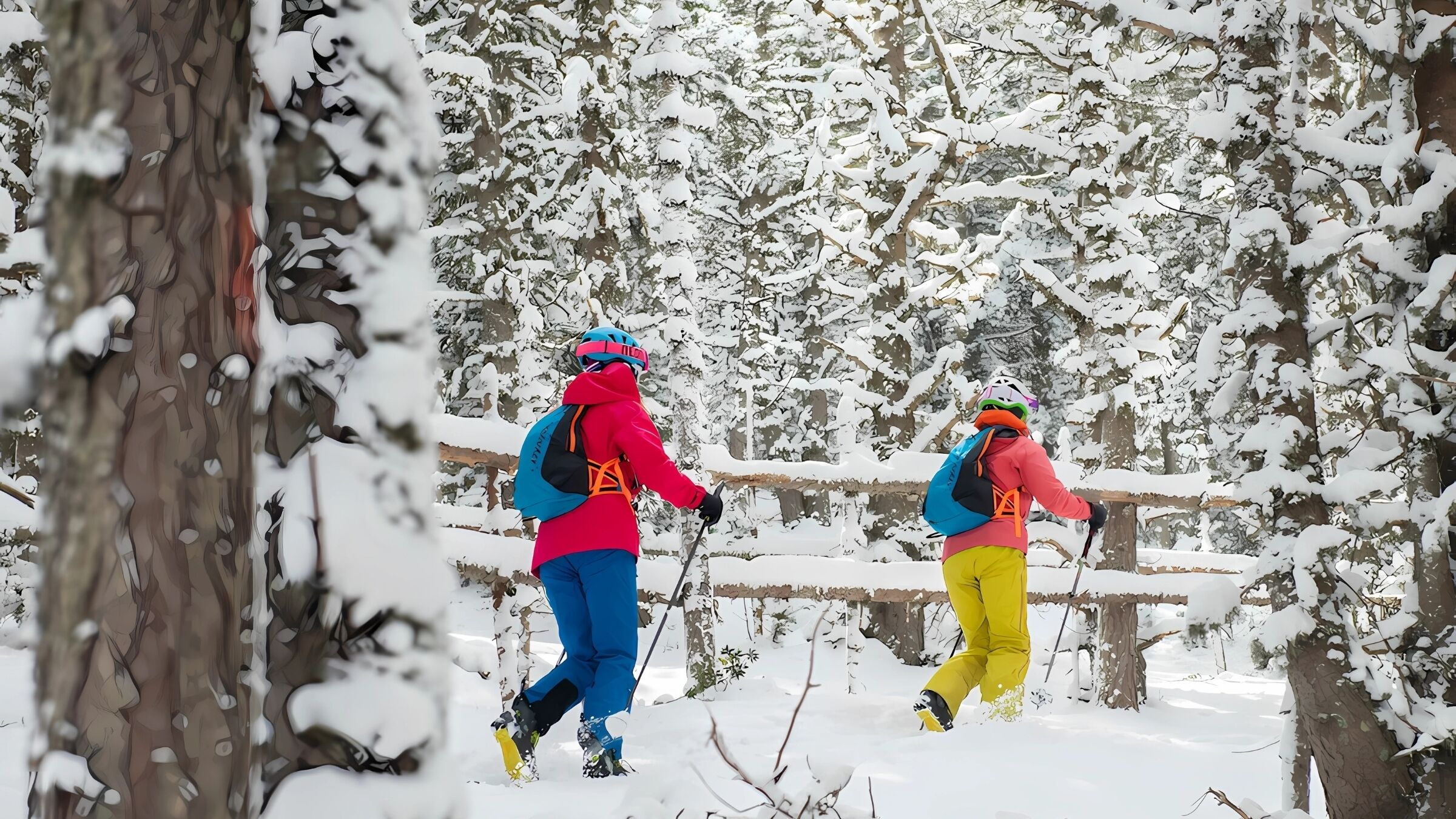 Due persone che fanno un'escursione in una foresta innevata.