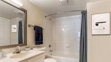 Hair dryer, towels, soap, shampoo