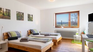 Una camera da letto con due letti, una finestra, un termosifone e una scrivania.