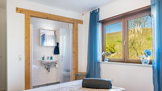 A bedroom with a bed, a window with a view of greenery, a bathroom with a sink and mirror, and wooden beams on the ceiling. - Room 'Einzelzimmer' with Shared Terrace, Shared Garden and Wi-Fi (Dielheim)